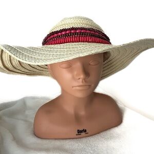 Kate Landry Straw Floppy Hat Beige with‎ Beads Headband OS